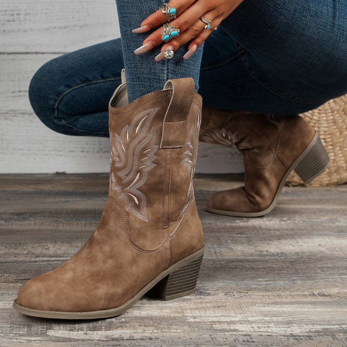 V Cut Embroidered Sleeve Thick Heel Middle Denim Women's Boots