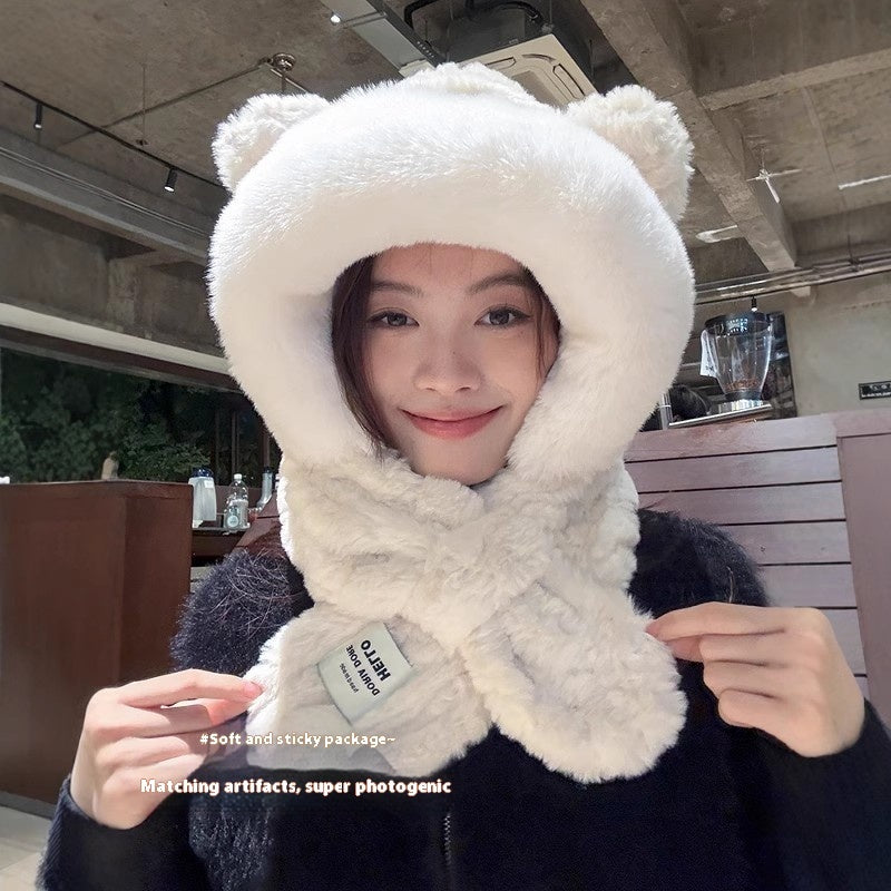 Hat Scarf One Female Student Cute Warm Winter Plush Pullover Ear Protection