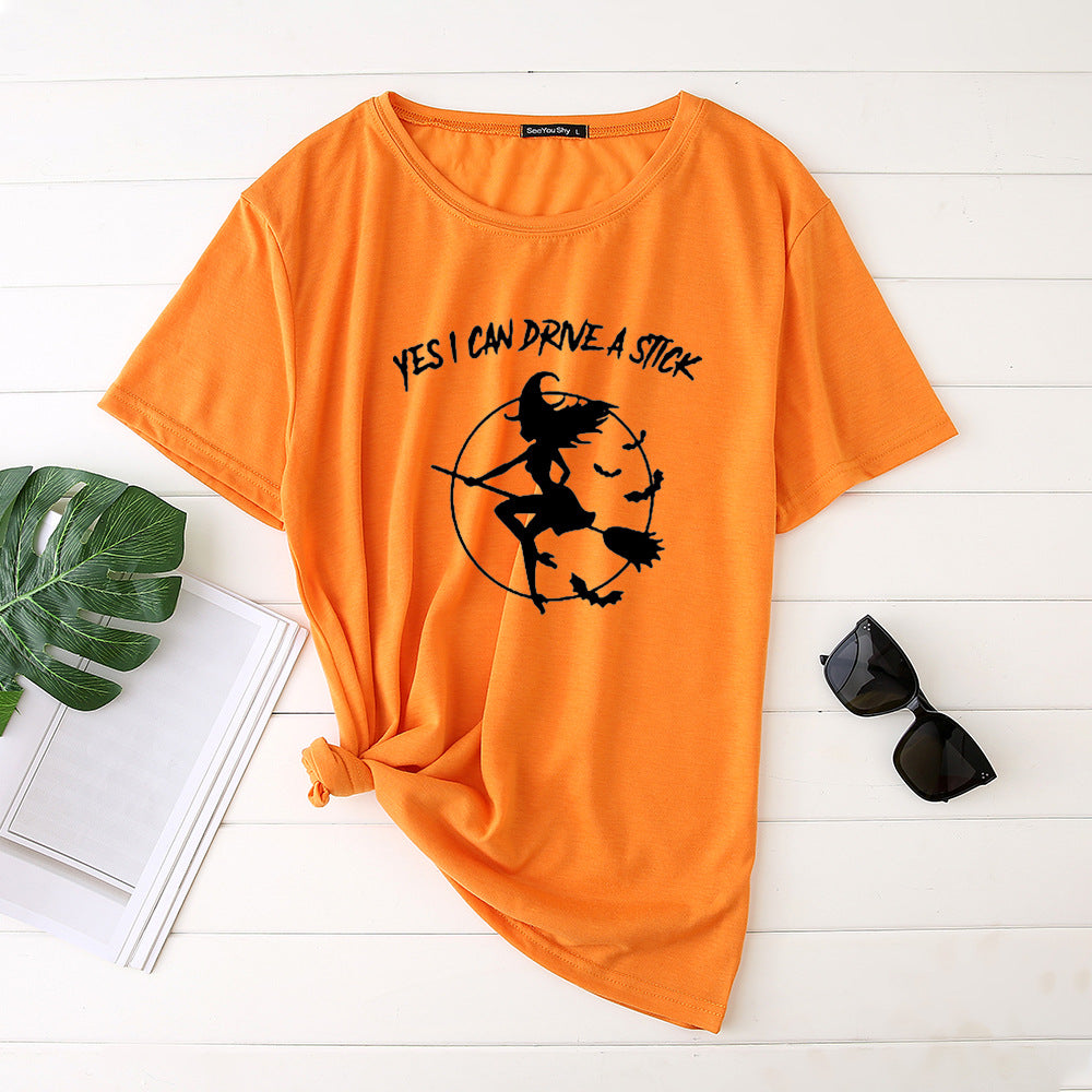 Flying Witch Print Crew Neck Short Sleeve T-Shirt