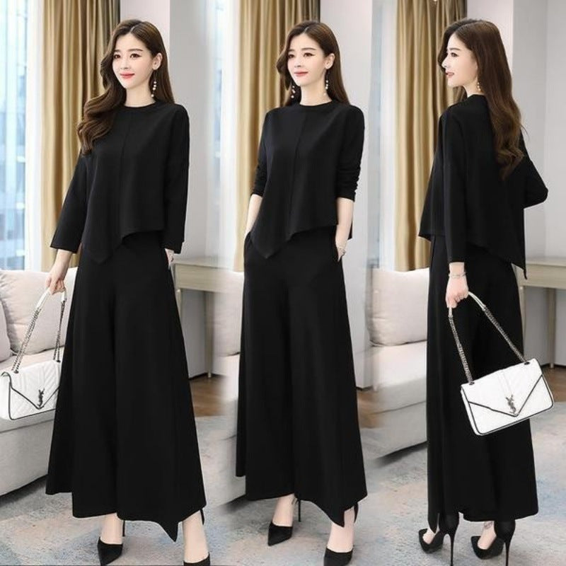 Spring And Autumn Wide-leg Pants Set Casual Stylish Culottes Two-piece