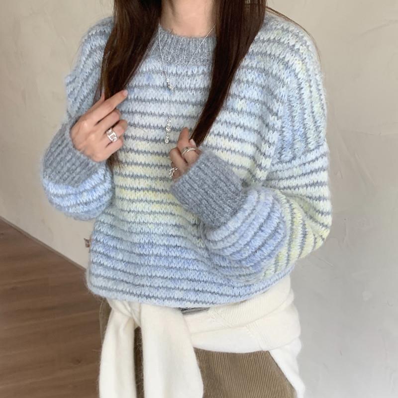 Retro Gradient Color Round Neck Striped Sweater Loose Long Sleeve Knit Top