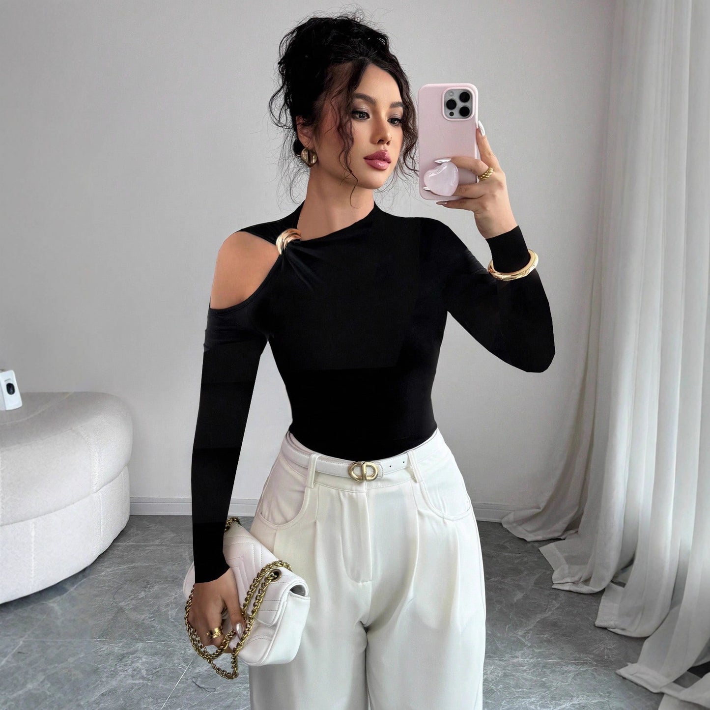 Asymmetric Collar One-side Off-the-shoulder Metal Decorative Slim Top