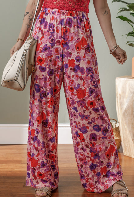 Purple Floral Wide Leg Elastic High Waist Pants