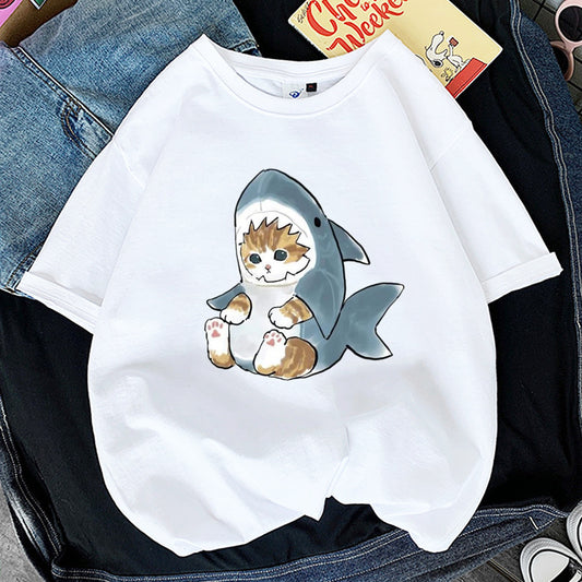 Dame T-shirt med Katteprint og Korte Ærmer