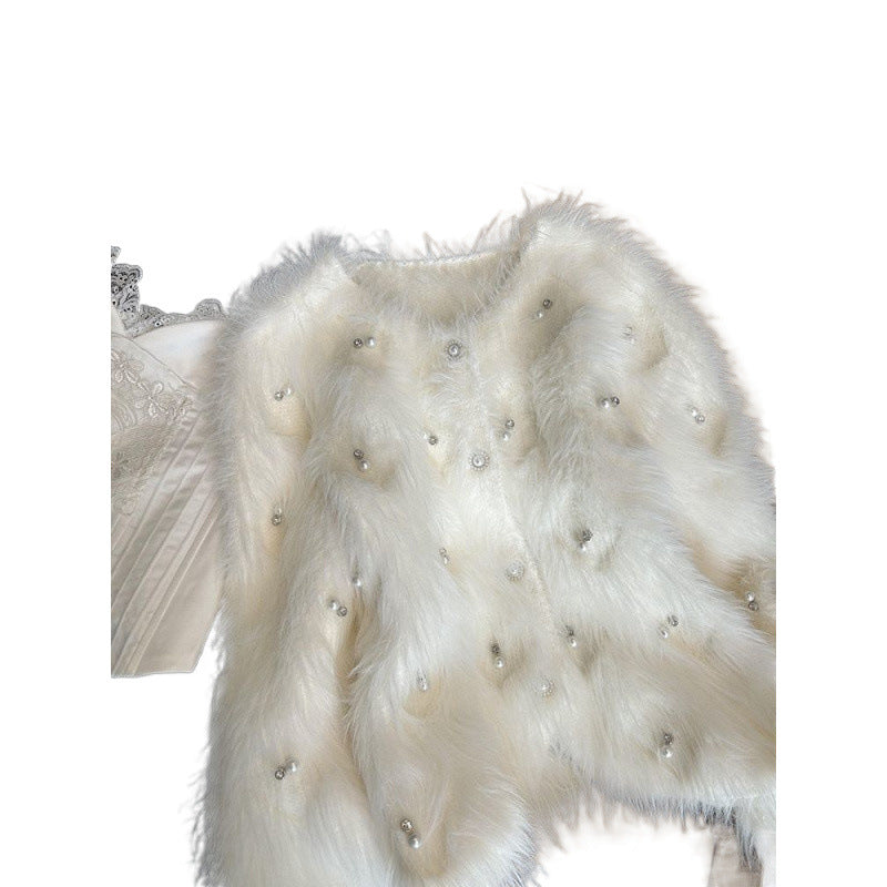 Elegant Heavy Industry Beads Soft Glutinous Knitted Sweater Coat