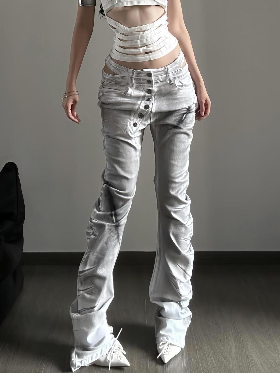 Washed Curved Knife Jeans Slim And Slimming Pants