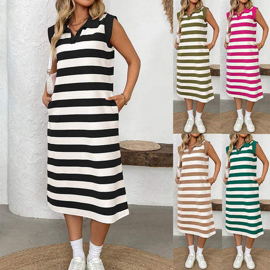Striped Pocketed Lapel Sleeveless Maxi Dress