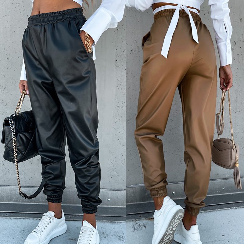 Temperament Mid-length Casual Leather Pants Pocket Women