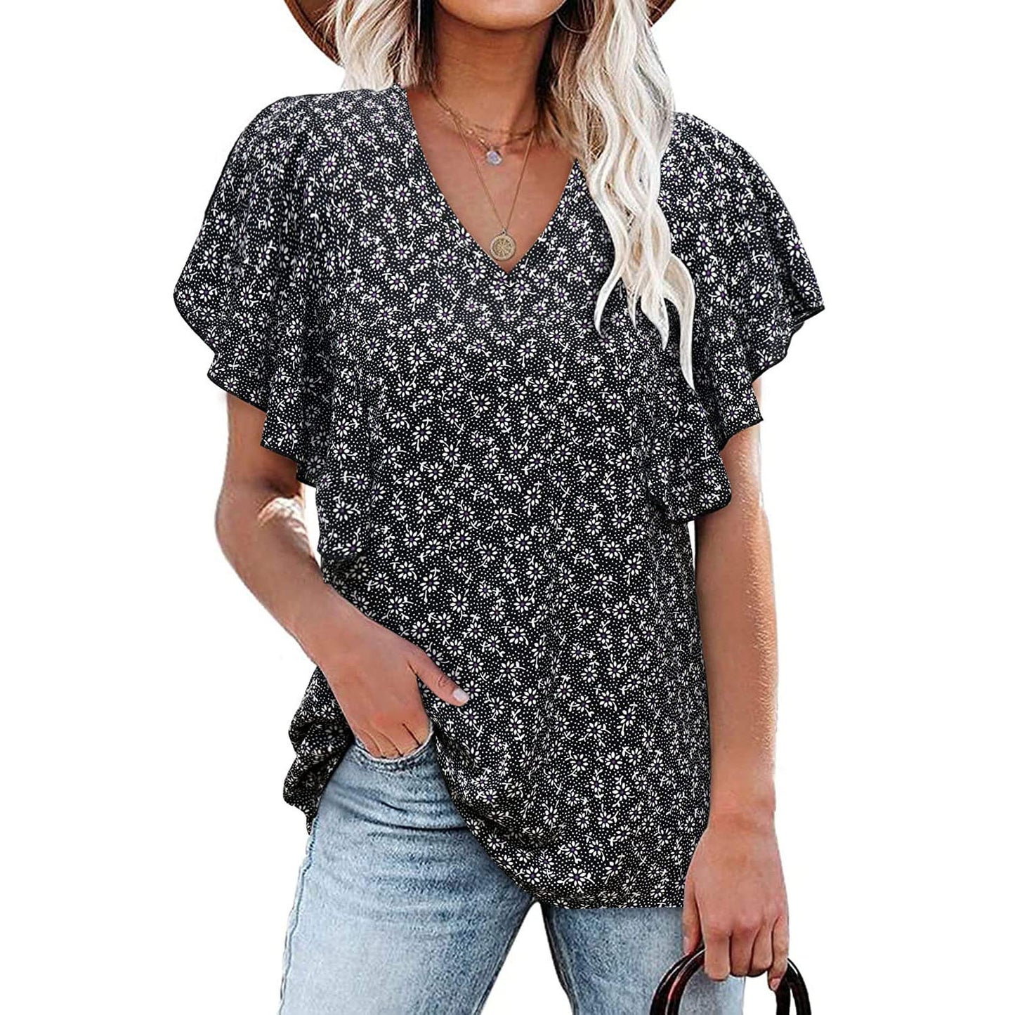V Neck Floral Pleated Shirt Casual Short Sleeve Loose Top