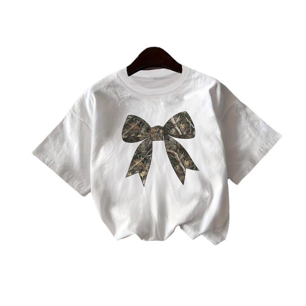 Digital Bow-tie American Retro Loose Short-sleeve Top