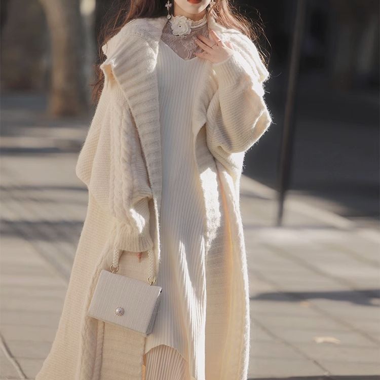Design Mid-length Large Lapel Idle Style Knitted Cardigan Sweater