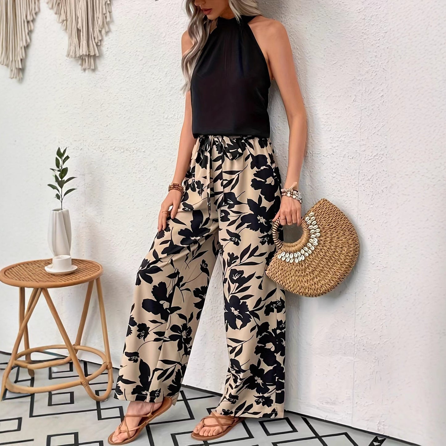 Comfortable Printed Pants Elastic Waist Wide-Leg Pants Womens Casual Trousers