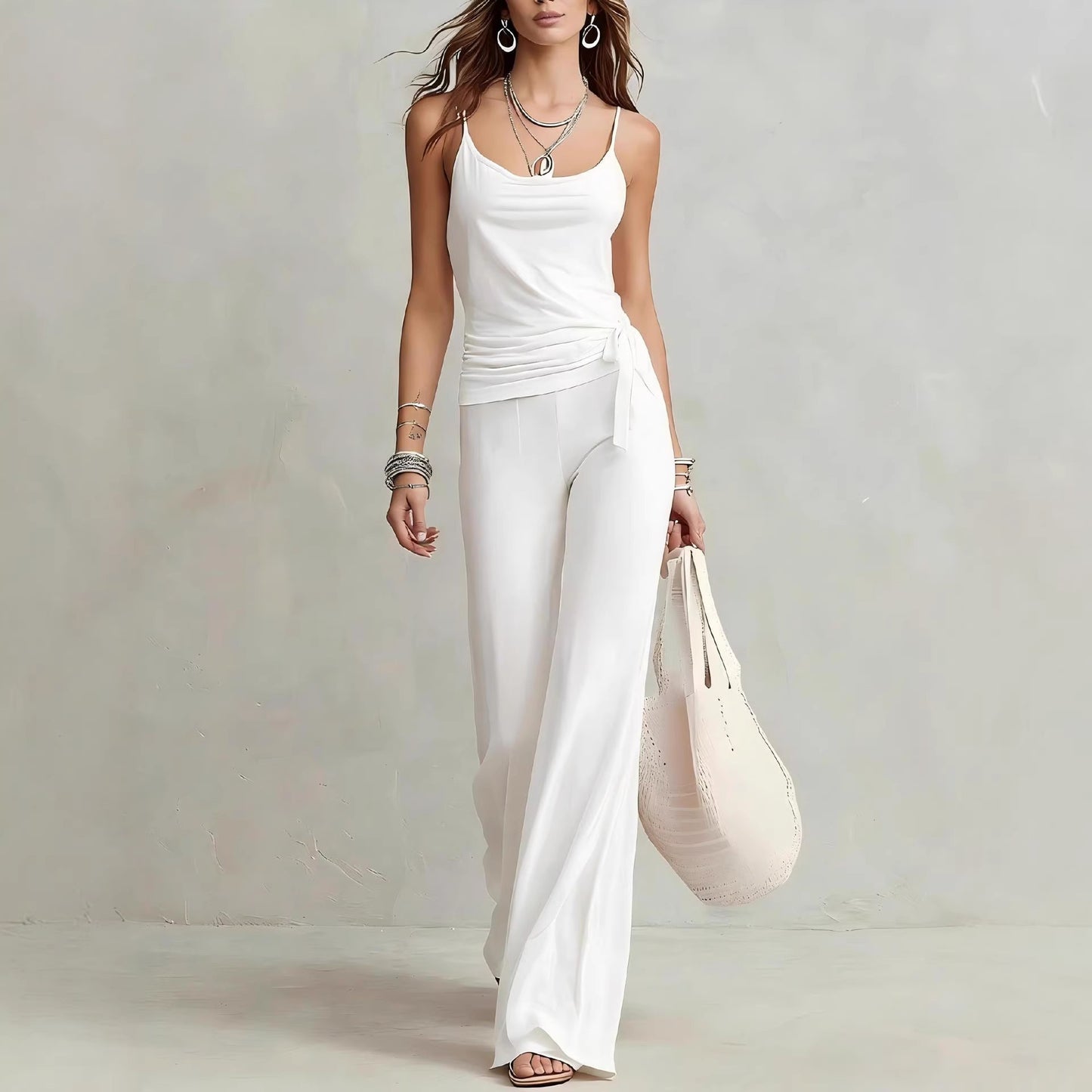 Casual Camisole Top And High-waisted Wide-leg Pants Set