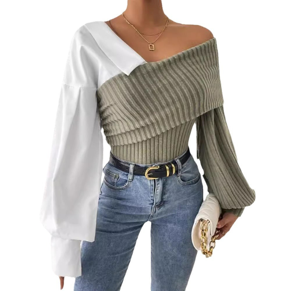 Knitted Striped Patchwork Solid-color Single-sleeve Slim-fit Top