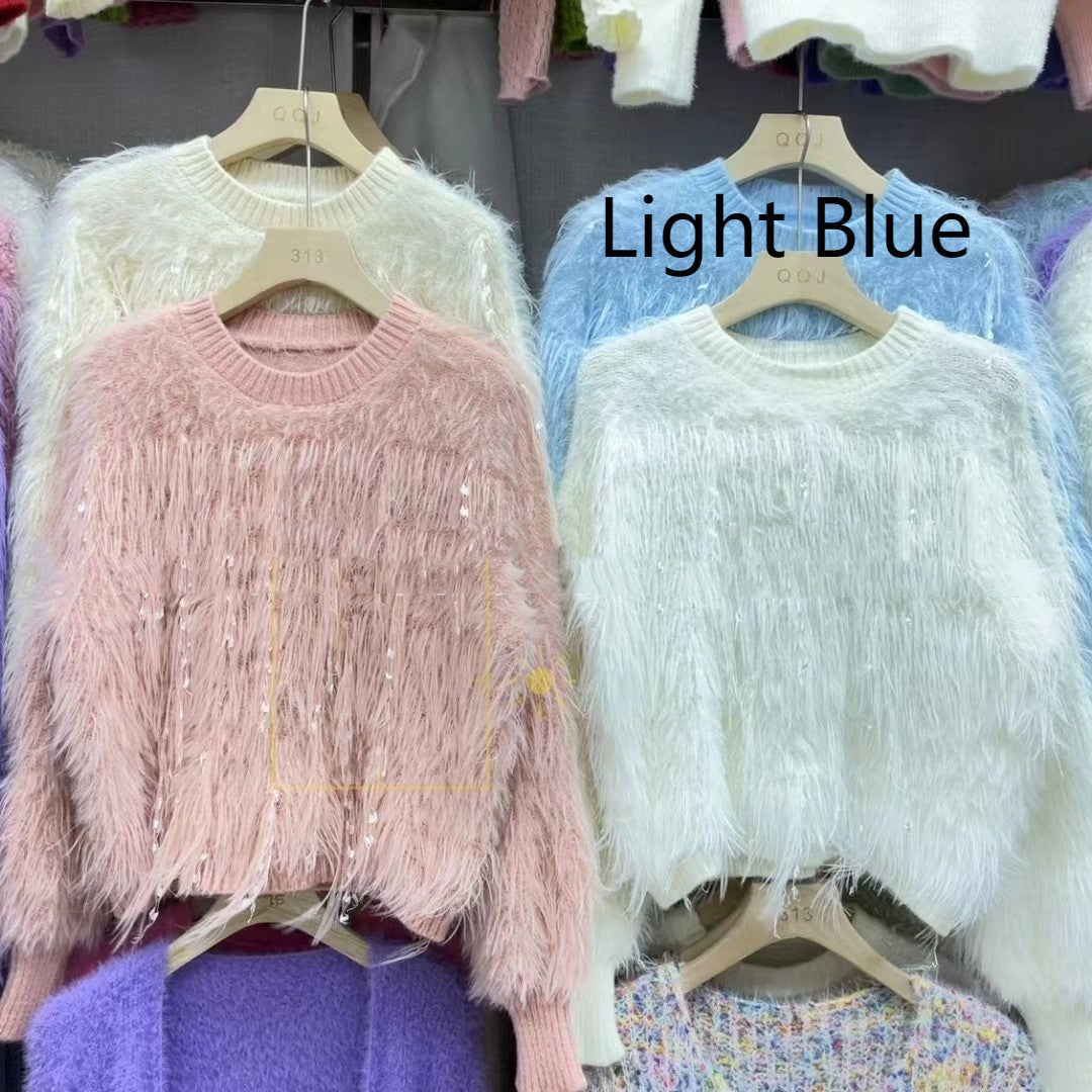 Sweet Style Mink Fur Pullover Highlight Strip Sweater For Women