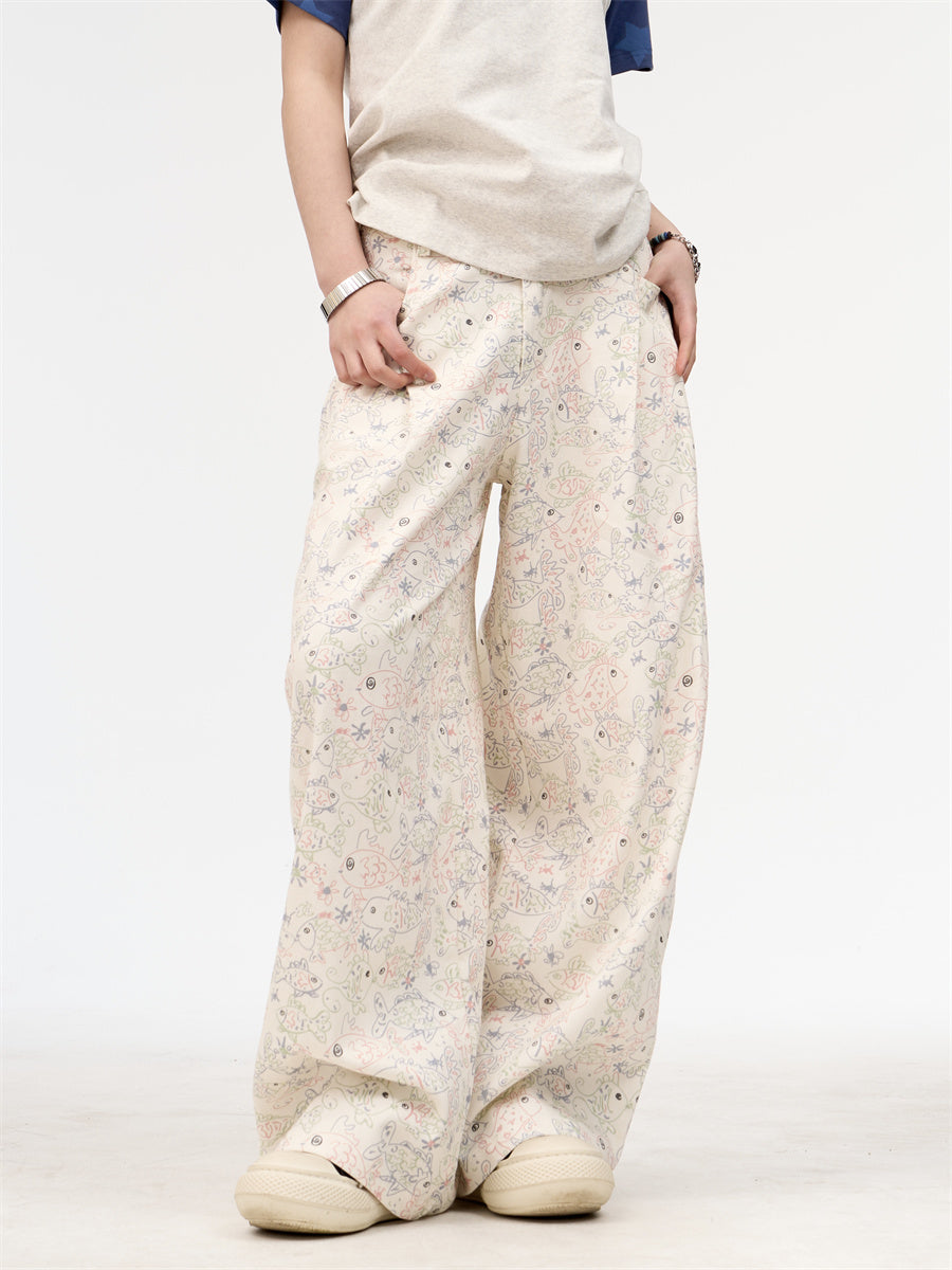 Female American Retro White Printed Graffiti Wide Leg Jeans