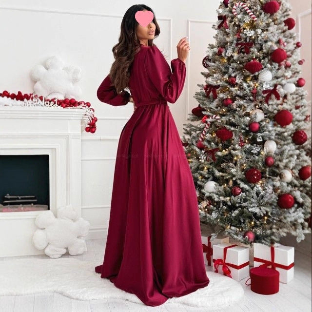 Solid-color Long-sleeve Tie-front Maxi Dress For Women