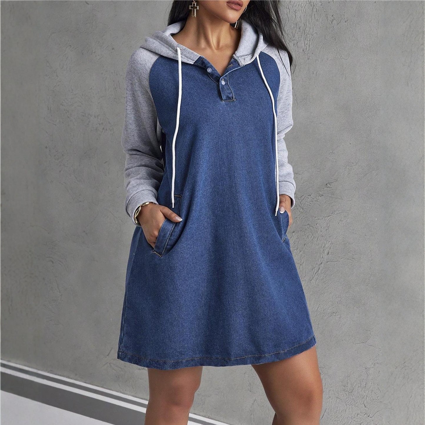 Womens Casual Patchwork Drawstring Hooded Denim Dress