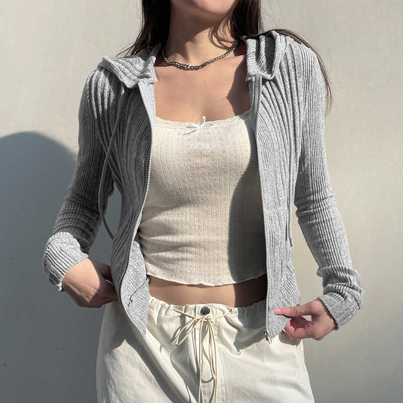Autumn And Winter Gray With Zipper Cardigan Short Hooded Knitted Jacket
