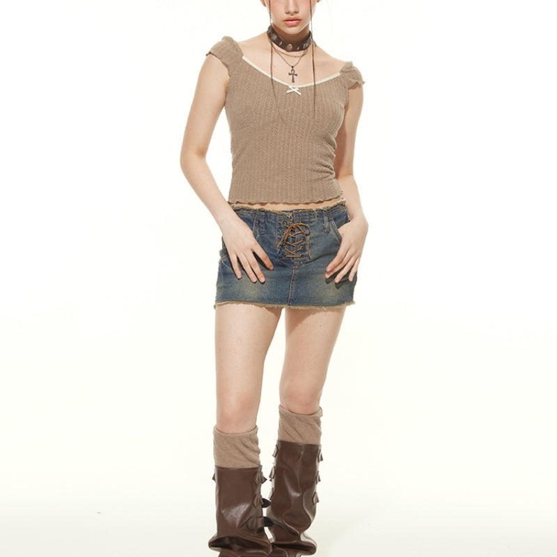 French Retro Square-cut Collar Puff Sleeve Top