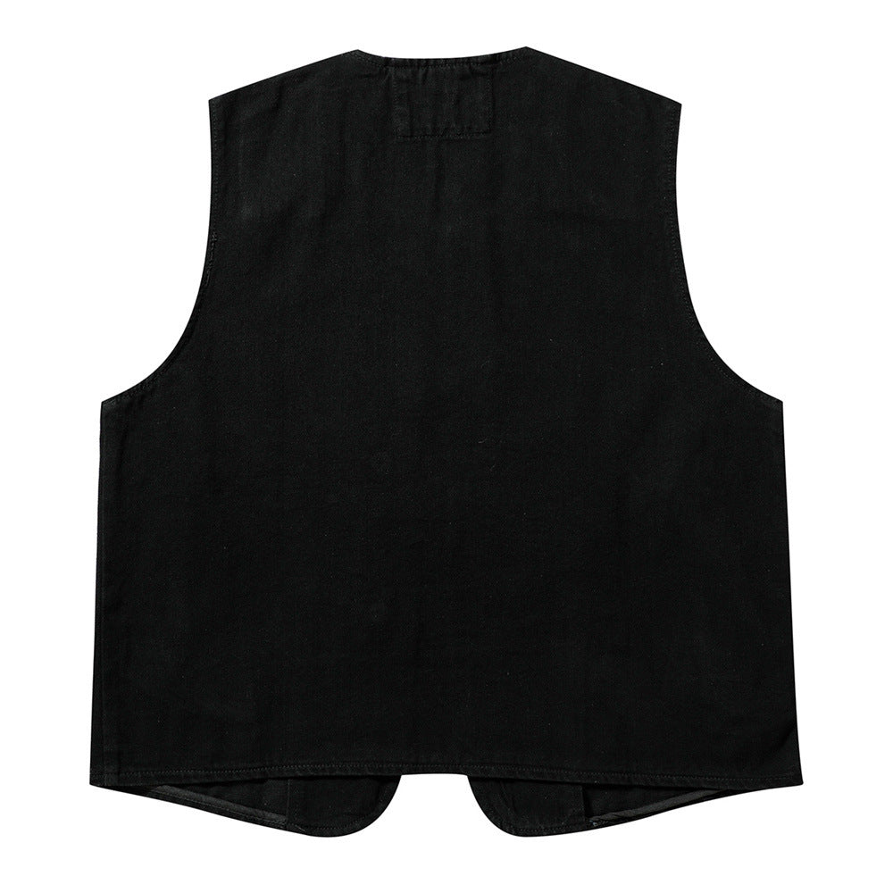 American Irregular Denim Black Men's Loose Casual Vest Summer Design Jacket