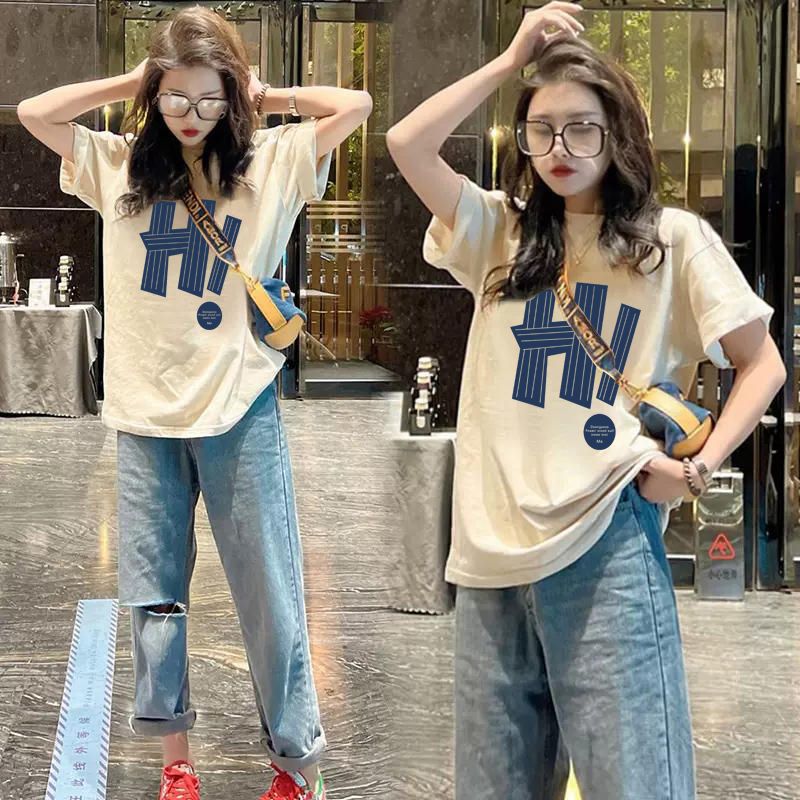 All-matching Letter Print Short-sleeve T-shirt Women's Round Neck Top