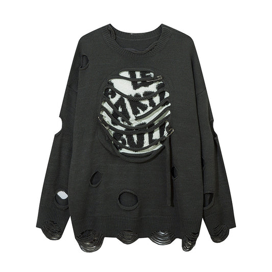 Heavy Industry Ripped Hollow-out Round Neck Sweater Bf Idle Style