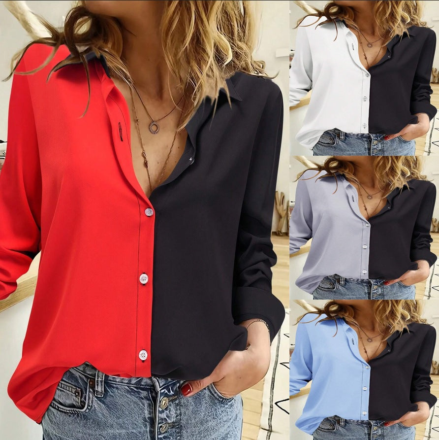 Patchwork Long-Sleeve Lapel Shirt With Single-Breasted Closure