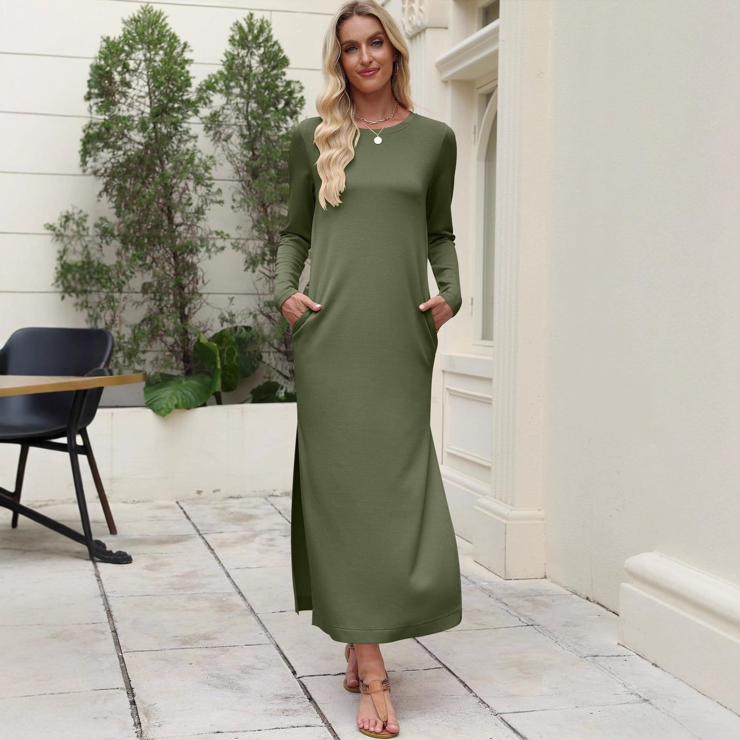 Women's Long-Sleeve Solid-Color Slit Maxi Dress