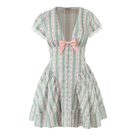 French-style Floral Print Bow-Detailed Striped Lace V-Neck Mini Dress
