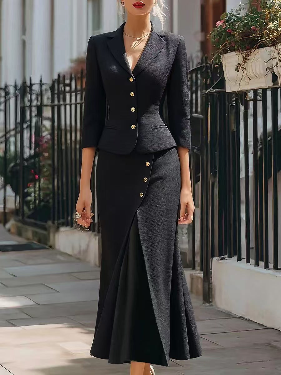 Three-quarter-sleeve Blazer And Long Skirt Set With Buttons And A Slit Mid-length Skirt