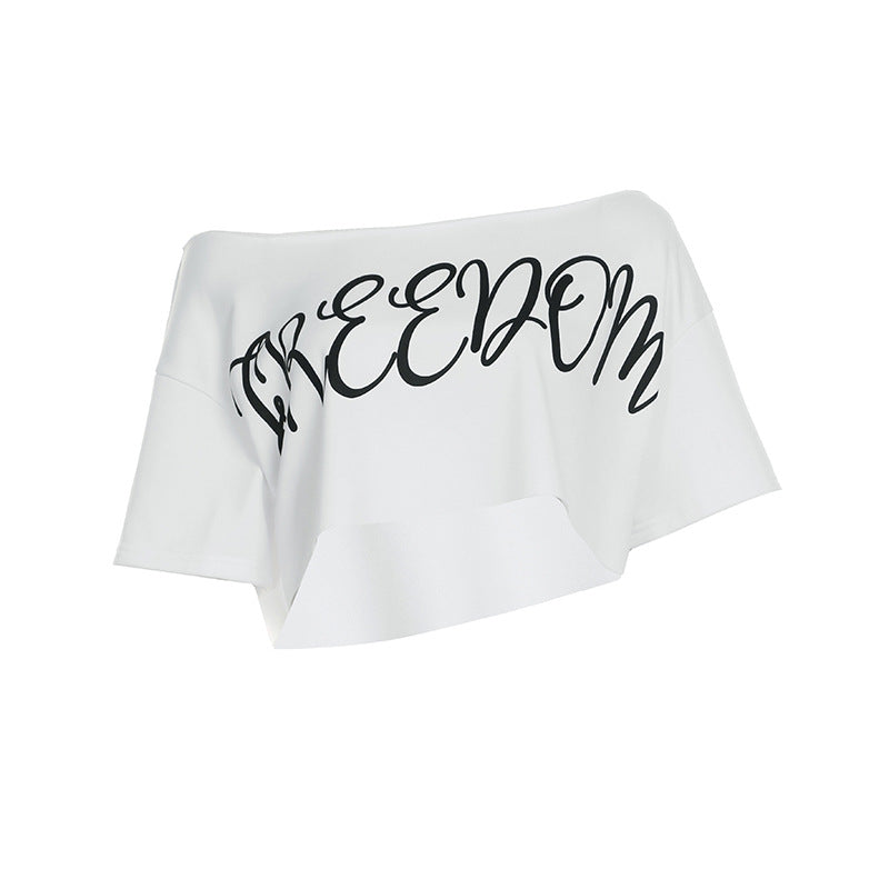European And American Street Leisure Style Wide Shoulder Letter Print Short-sleeve