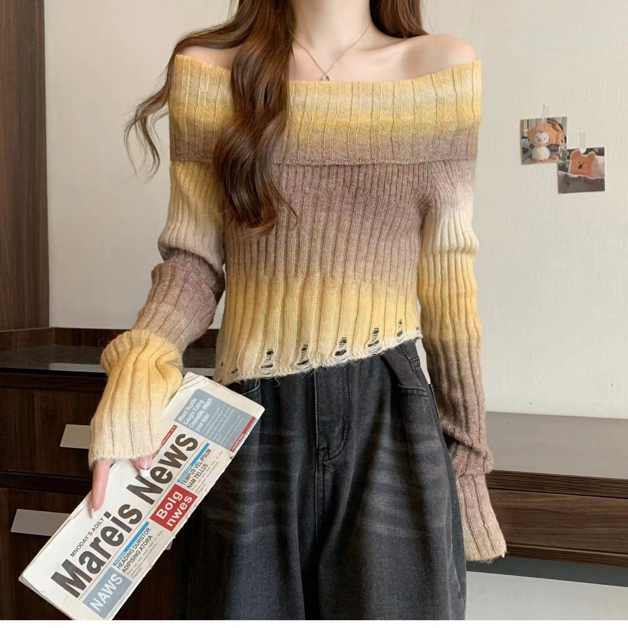 Off-shoulder Gradient Irregular Slim-fit Sweater For Women