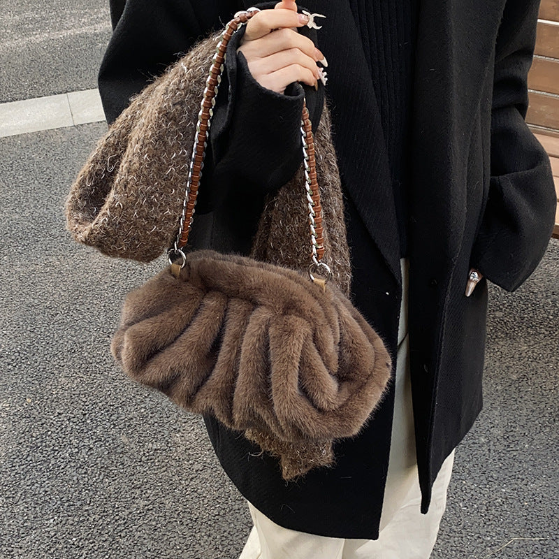 Faux Mink Fur Pleated Cloud Plush Shoulder Bag