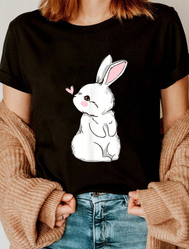 Happy Easter Rabbit Printed Women's Round Neck Short Sleeve T-shirt