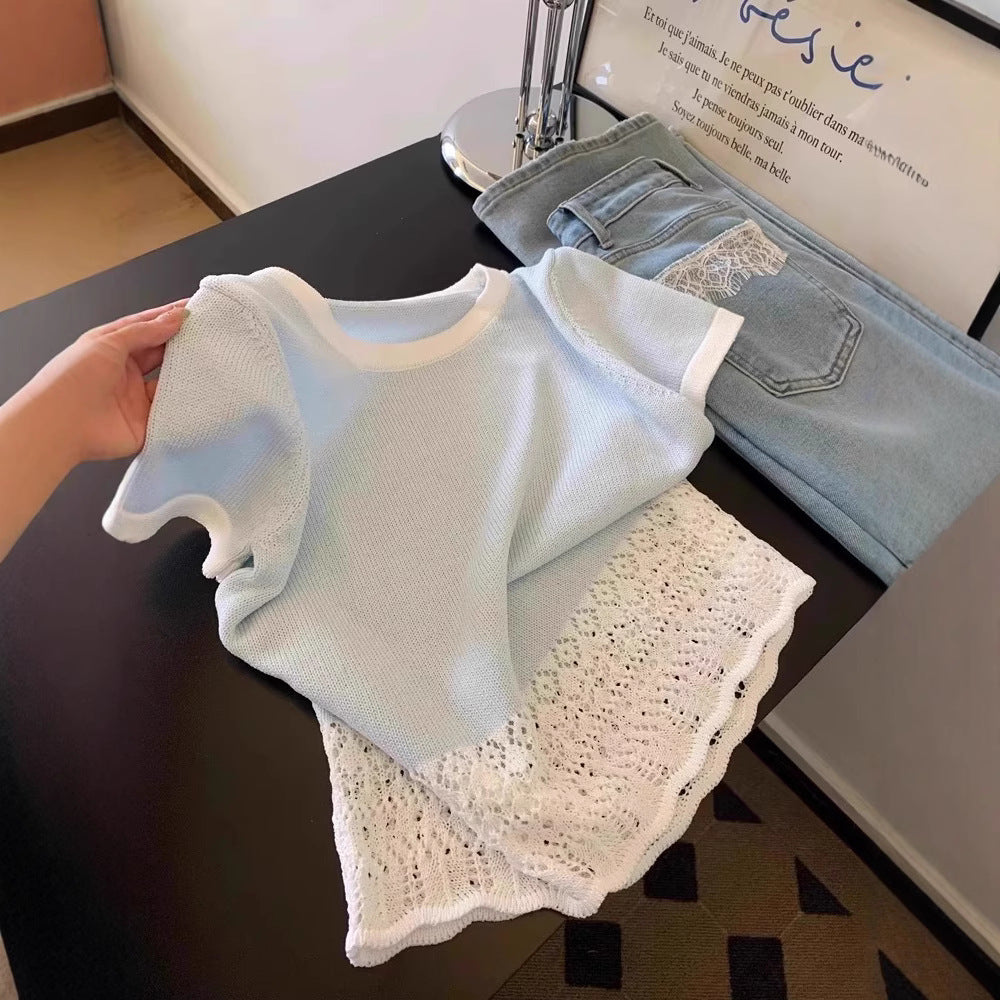 Lace Edge Stitching Hollow Women's Short Sleeve