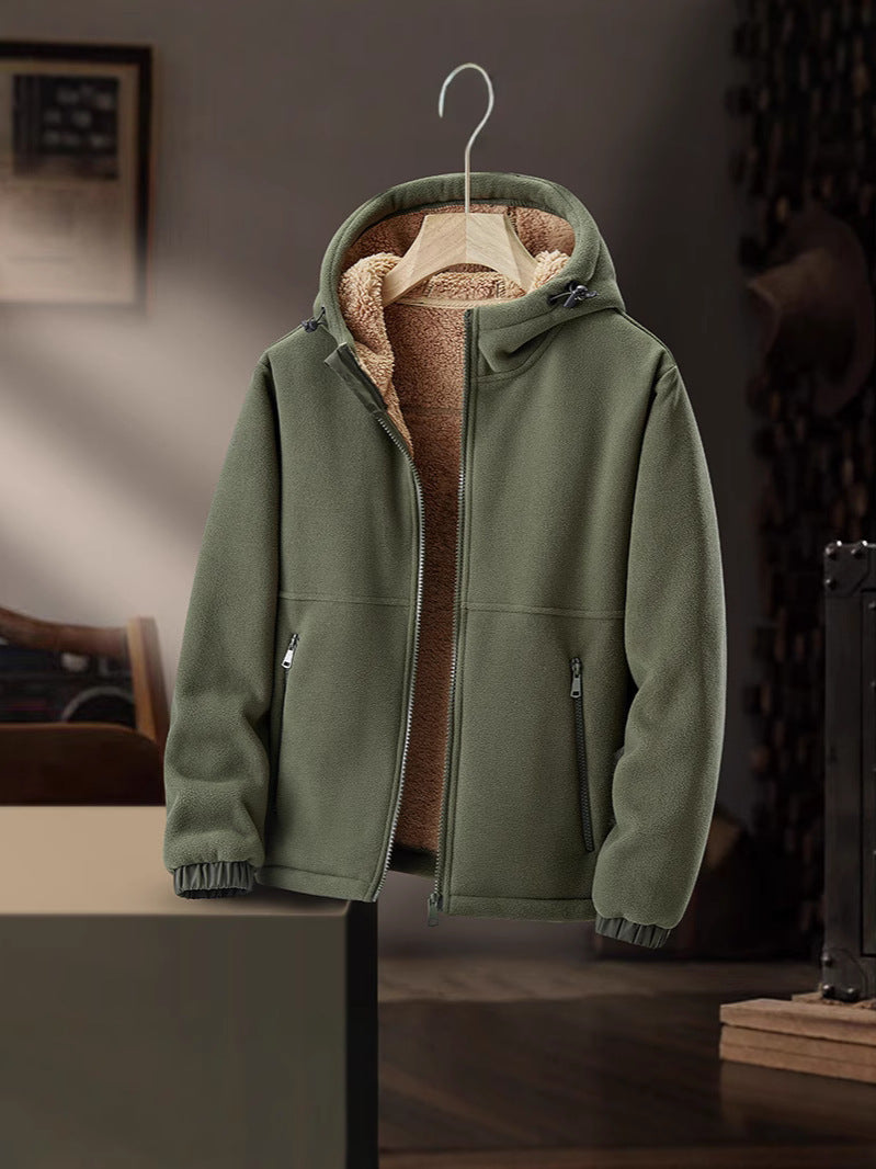 Men's Fleece Casual Hooded Lamb Wool Thickened Warm Cardigan Coat