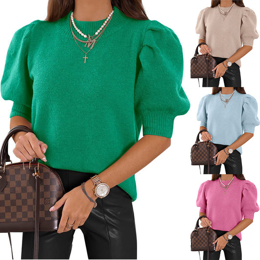 Womens Casual Crew-Neck Puff-Sleeve Sweater In Solid Color With Short Sleeves