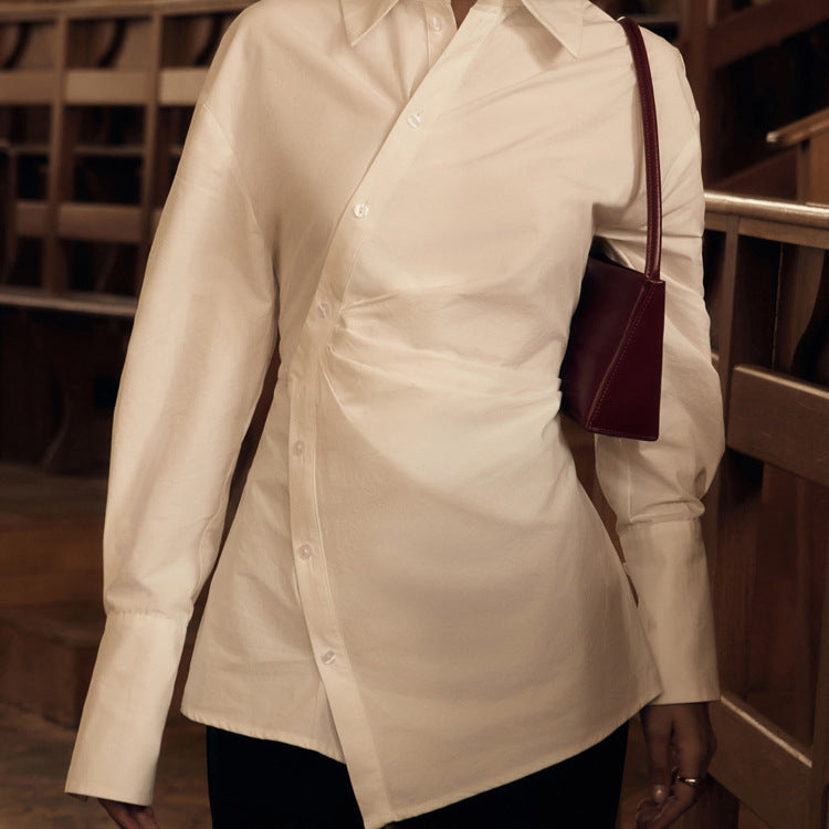 Cotton White Lapel Long Sleeve Waist Cross Irregular Shirt