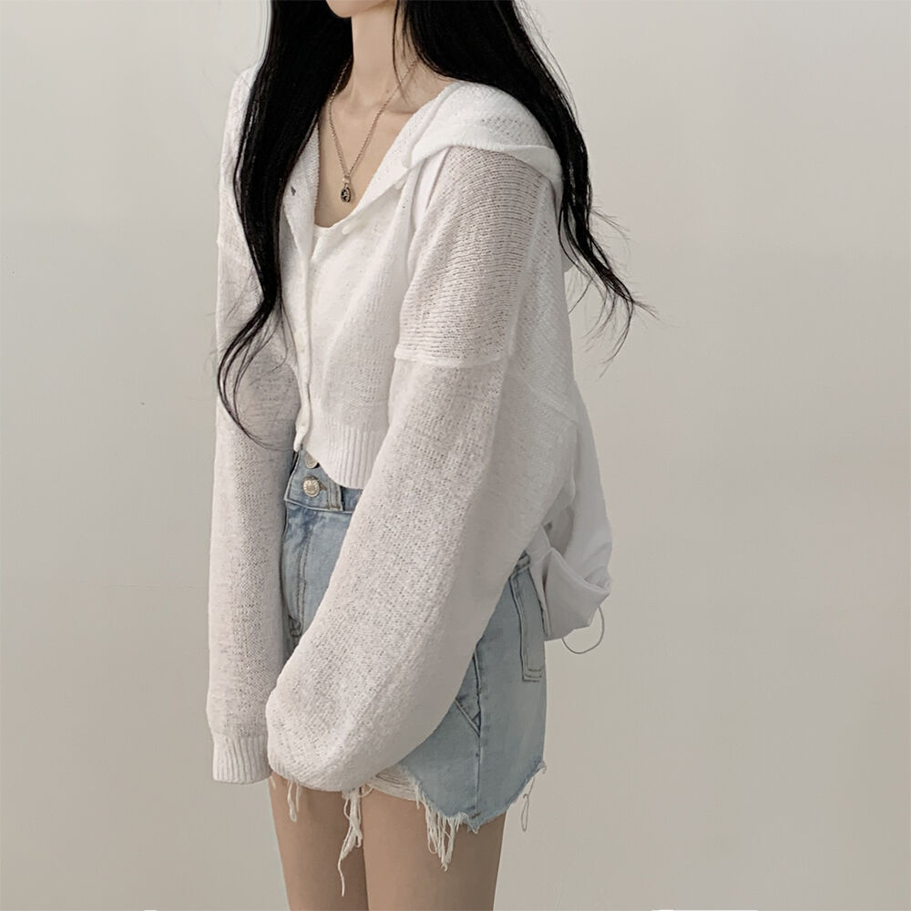 Lazy Style Thin Short Ice Silk Loose Lantern Sleeve Hooded Long-sleeved Cardigan