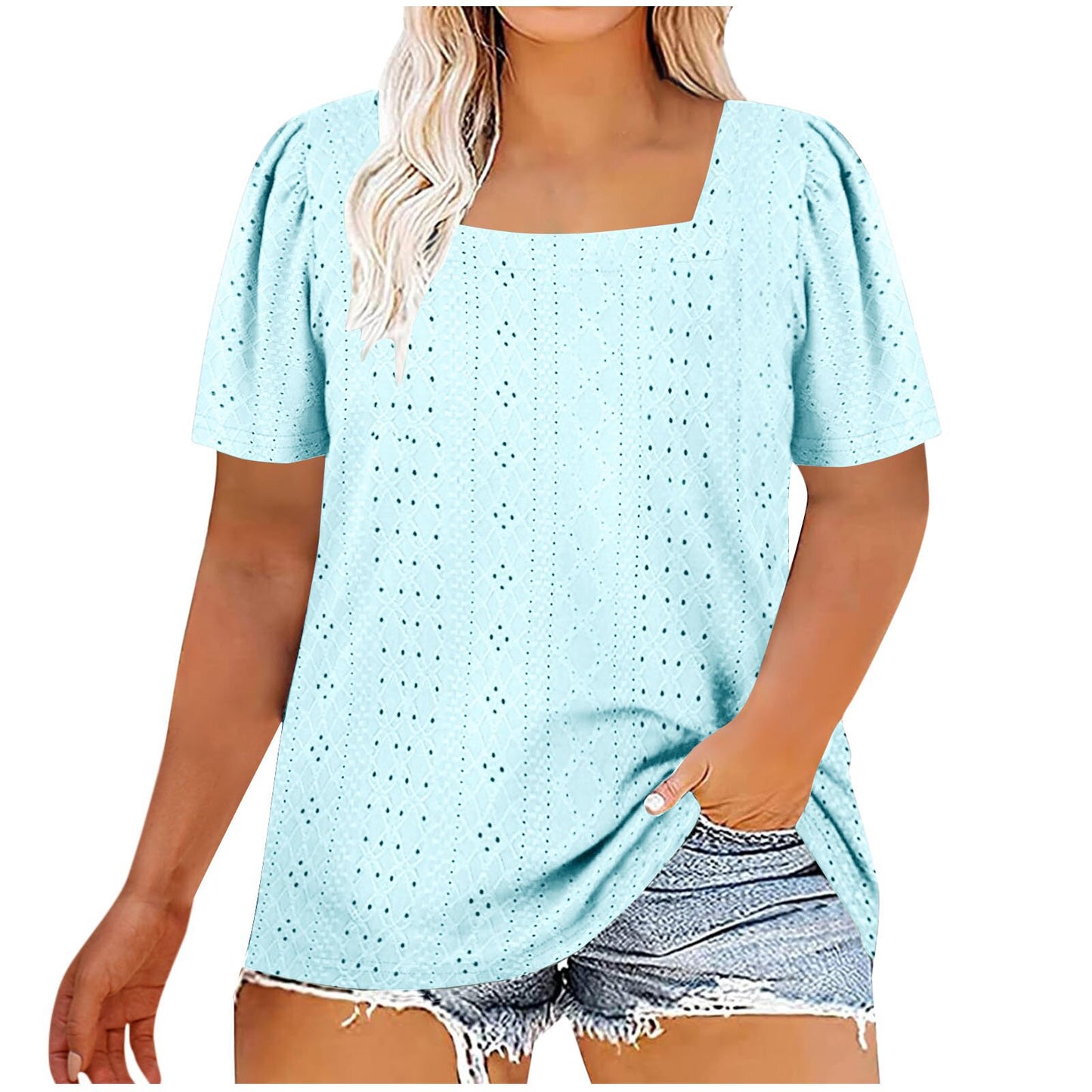 Casual U-neck Solid Color Hollow Loose-fitting T-shirt Top