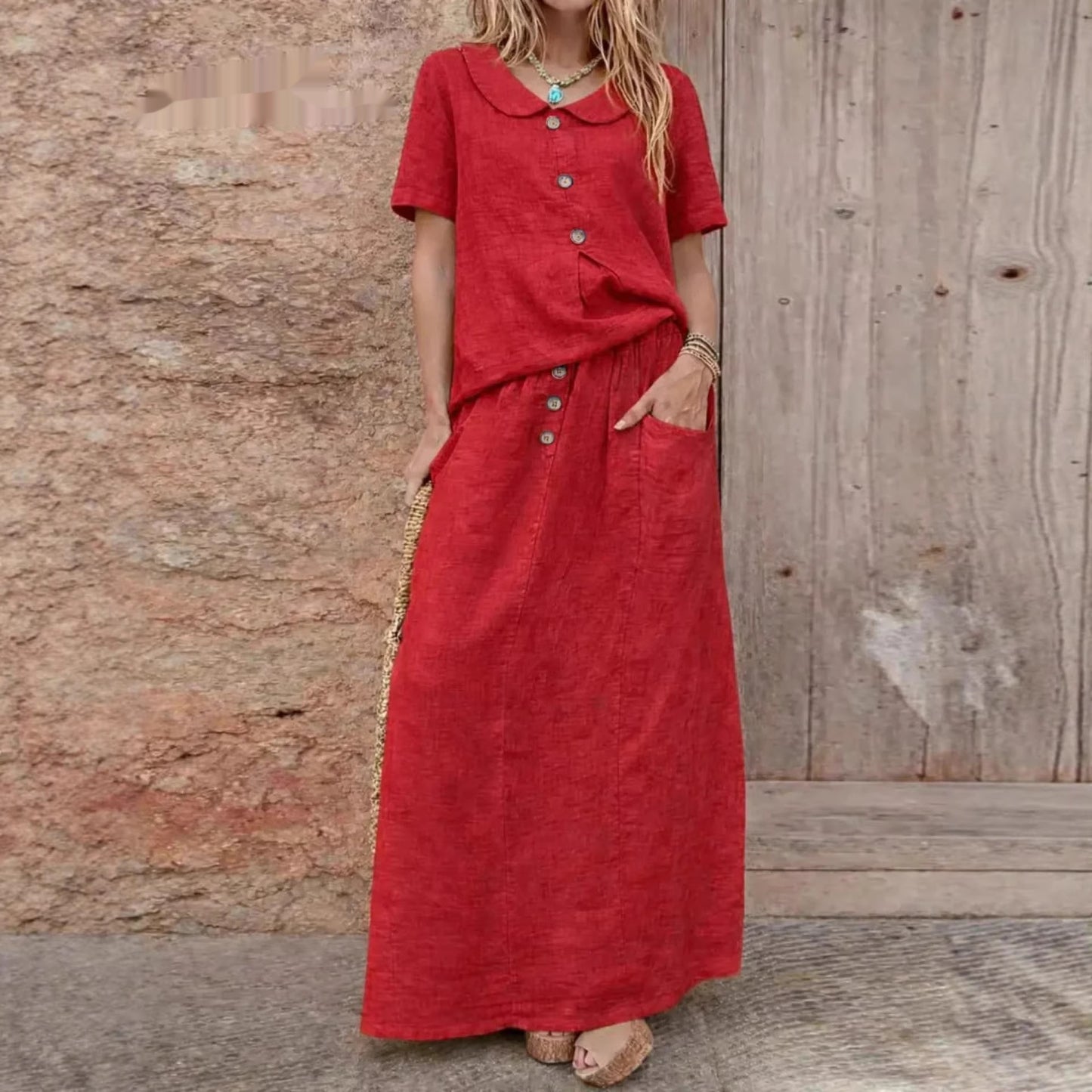 Womens Casual Solid-Colored Cotton-Linen Loose Two-Piece Skirt Set