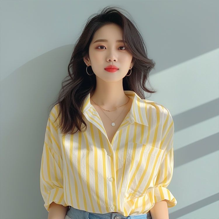 Summer Temperament Polo Collar Slim-fit Long Sleeve Chiffon Shirt
