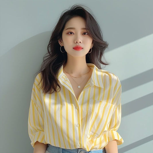 Summer Temperament Polo Collar Slim-fit Long Sleeve Chiffon Shirt