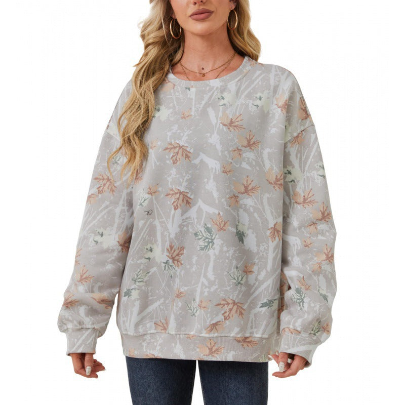 Camouflage Sweatshirt Maple Leaf Printed Crew Neck Sweatshirt