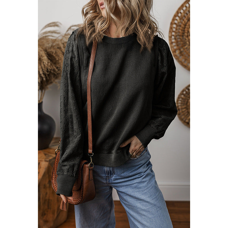Textured Patchwork Round Neck Long Sleeve Top