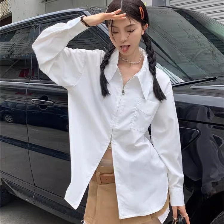 Womens French-zip White Long-sleeve Shirt Top