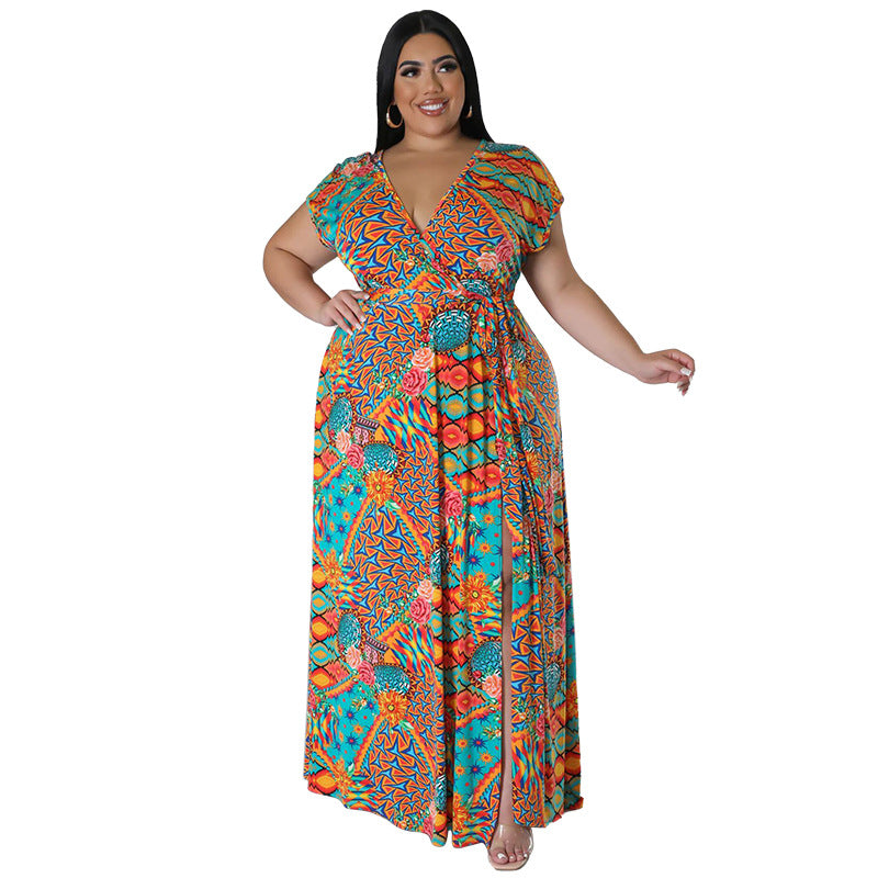 Persian-style V-neck Short-sleeve Split Maxi Dress In Plus Sizes