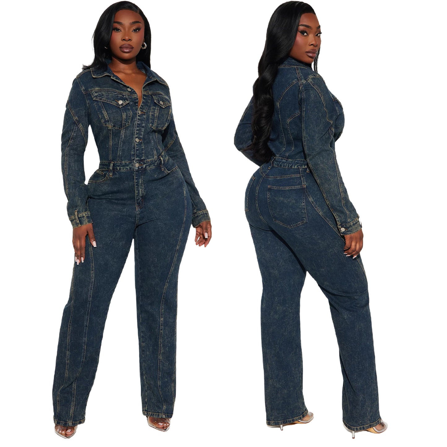 Washed Long-sleeve Patchwork Denim Jumpsuit