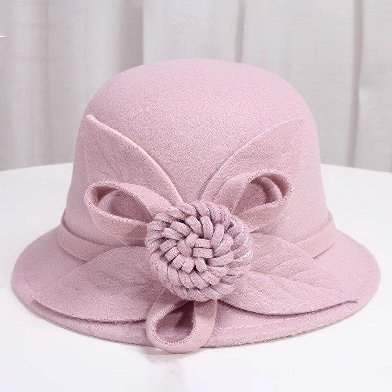Korean Style Autumn And Winter Women's Woolen Hat Flowers British Retro Fisherman Basin Hat